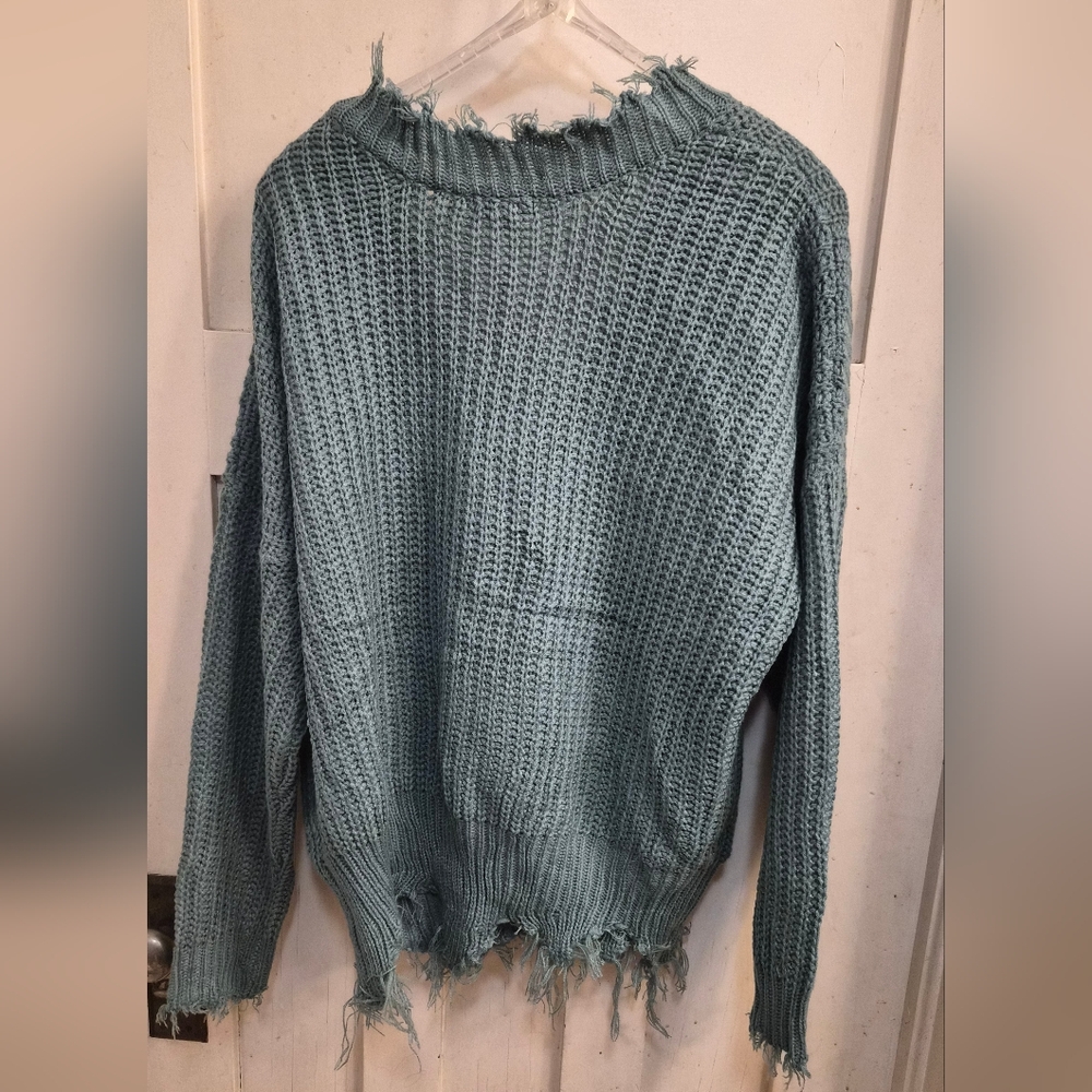 NWT Main Strip Distressed V-Neck Knit Sweater – Sage Teal Green (L) - Picture 4 of 4